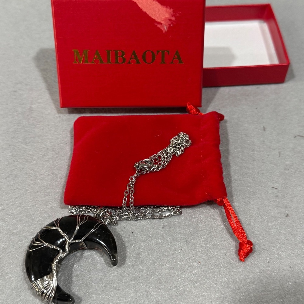 MAIBAOTA Necklace Women Black Obsidian Crescent Moon Tree of Life Wire Wrapped